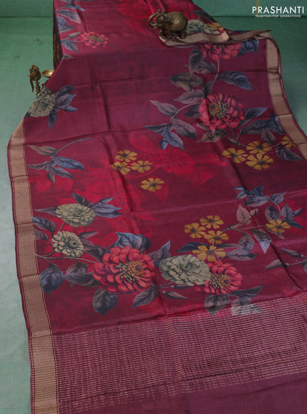 Pure tussar silk saree deep maroon with allover floral digital prints and zari woven border