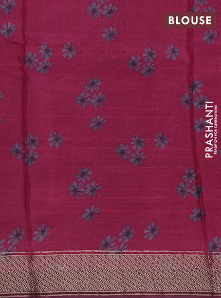 Pure tussar silk saree deep maroon with allover floral digital prints and zari woven border