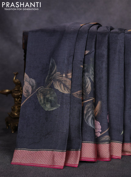 Pure tussar silk saree elephant grey and pink with floal digital prints and zari woven border