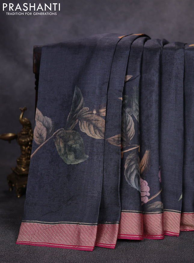 Pure tussar silk saree elephant grey and pink with floal digital prints and zari woven border