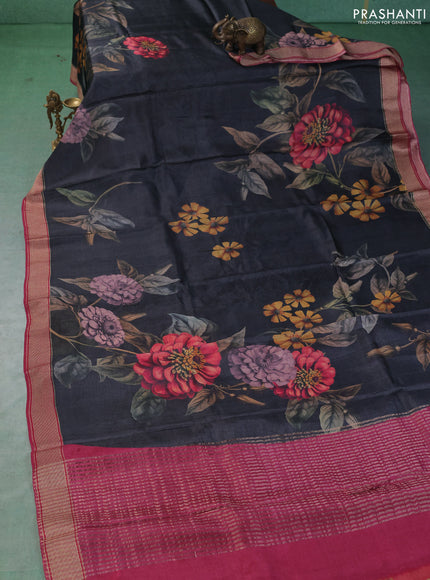 Pure tussar silk saree elephant grey and pink with floal digital prints and zari woven border