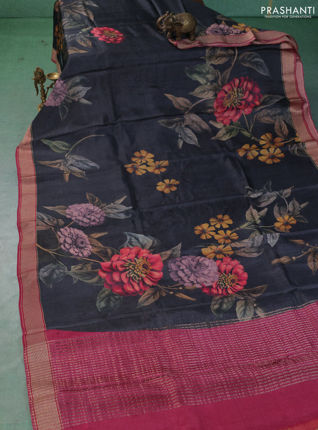 Pure tussar silk saree elephant grey and pink with floal digital prints and zari woven border