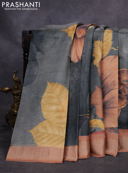 Pure tussar silk saree grey and rust shade with allover digital prints and zari woven border