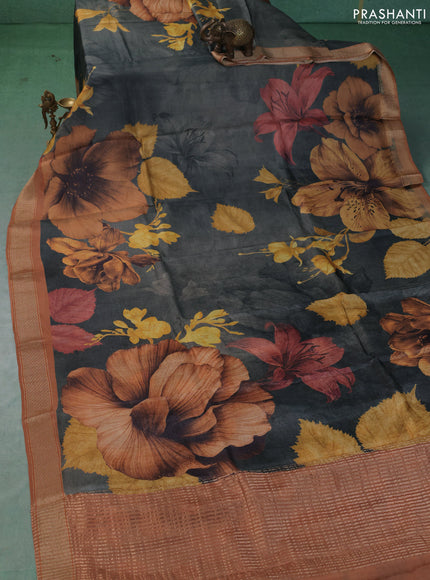 Pure tussar silk saree grey and rust shade with allover digital prints and zari woven border