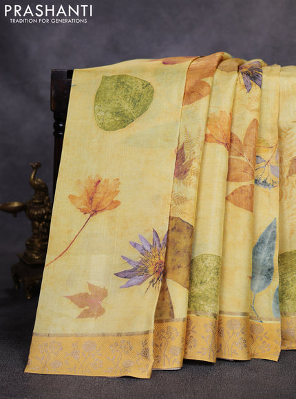 Pure tussar silk saree yellow with allover digital prints and zari woven border