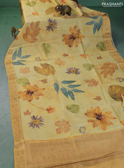 Pure tussar silk saree yellow with allover digital prints and zari woven border