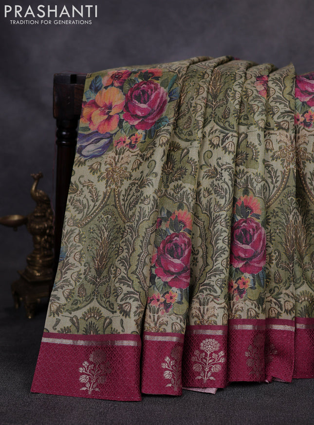 Pure tussar silk saree pastel green and maroon with allover digital prints and zari woven butta border