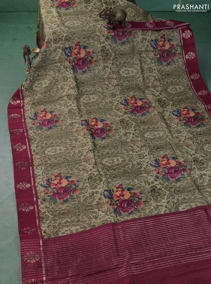 Pure tussar silk saree pastel green and maroon with allover digital prints and zari woven butta border