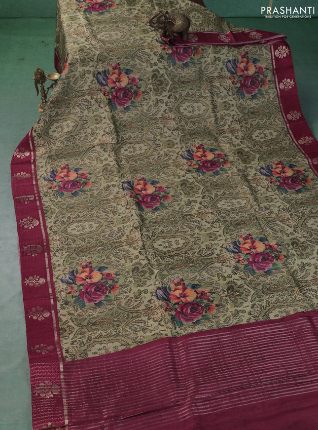 Pure tussar silk saree pastel green and maroon with allover digital prints and zari woven butta border