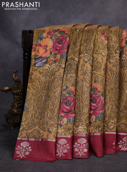 Pure tussar silk saree mustard yellow and maroon with allover digital prints and zari woven butta border