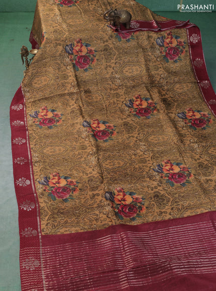 Pure tussar silk saree mustard yellow and maroon with allover digital prints and zari woven butta border