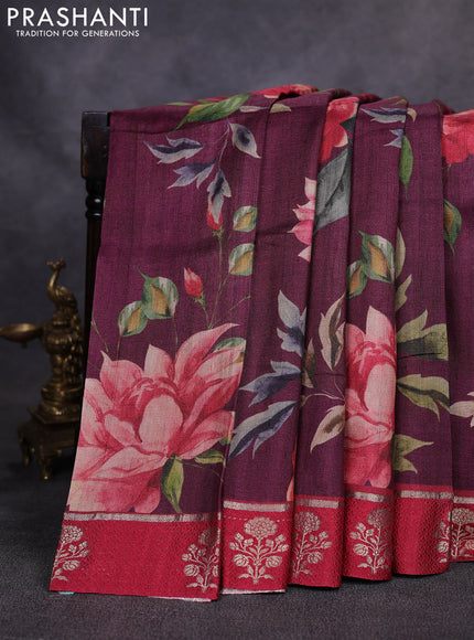 Pure tussar silk saree wine shade and kumkum red with allover floral digital prints and zari woven butta border
