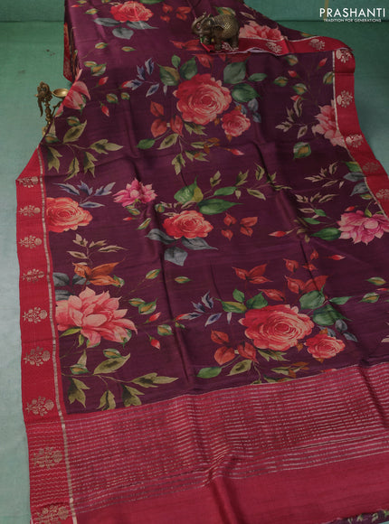 Pure tussar silk saree wine shade and kumkum red with allover floral digital prints and zari woven butta border
