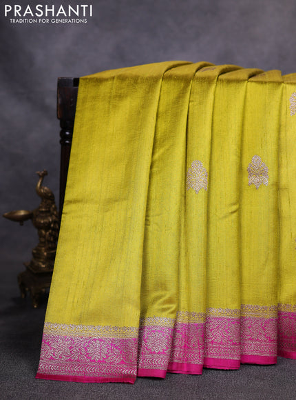 Banarasi raw silk saree lime yellow and pink with woven buttas and woven border