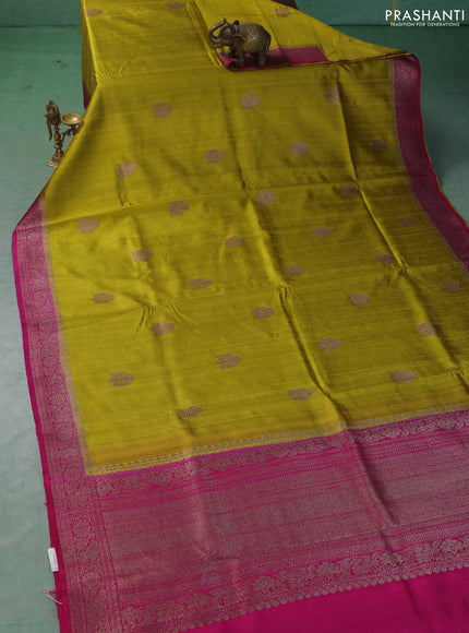 Banarasi raw silk saree lime yellow and pink with woven buttas and woven border