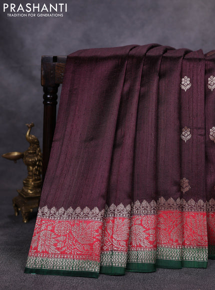 Banarasi raw silk saree deep wine and red green with woven buttas and woven border