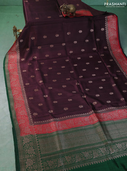 Banarasi raw silk saree deep wine and red green with woven buttas and woven border