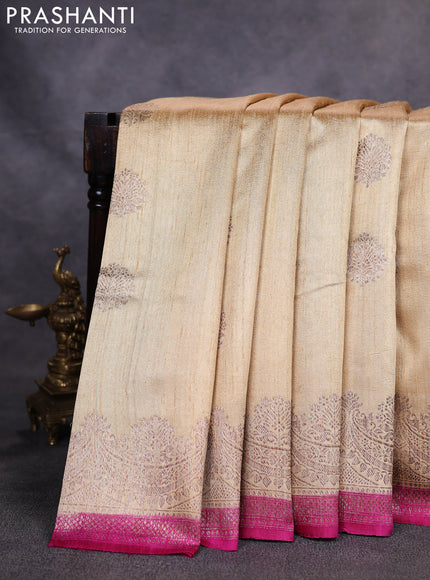 Banarasi raw silk saree sandal and pink with woven buttas and woven border
