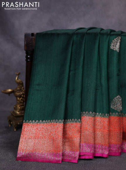 Banarasi raw silk saree green and orange pink with woven buttas and woven border