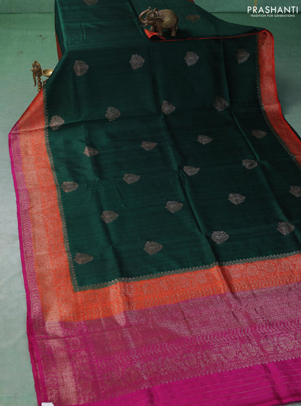 Banarasi raw silk saree green and orange pink with woven buttas and woven border