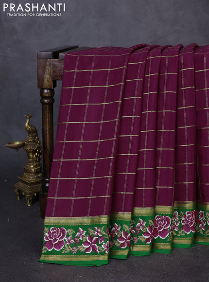 Pure mysore silk saree wine shade and green with allover zari woven checked pattern and zari woven embroidery border