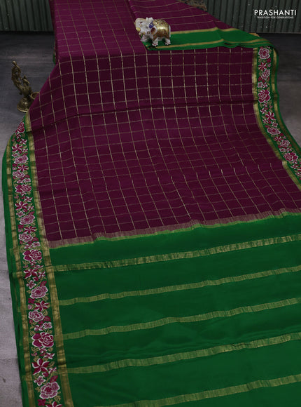 Pure mysore silk saree wine shade and green with allover zari woven checked pattern and zari woven embroidery border
