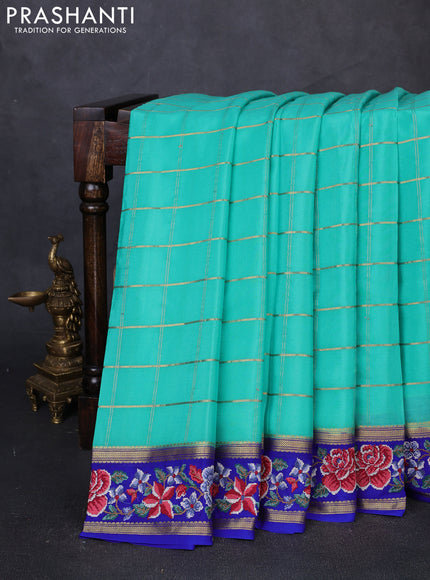 Pure mysore silk saree teal blue and royal blue with allover zari woven checked pattern and zari woven embroidery border