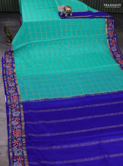 Pure mysore silk saree teal blue and royal blue with allover zari woven checked pattern and zari woven embroidery border