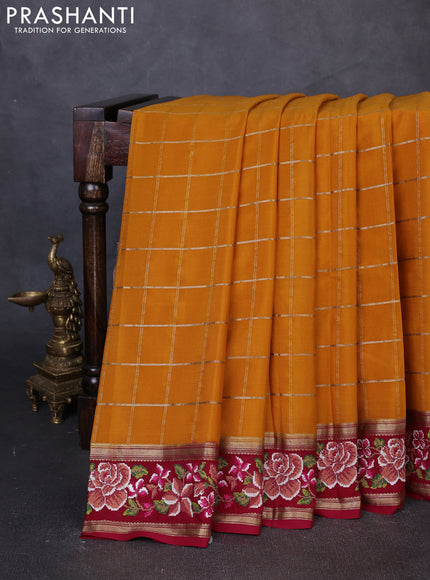 Pure mysore silk saree mustard yellow and red with allover zari woven checked pattern and zari woven embroidery border