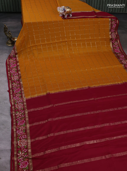 Pure mysore silk saree mustard yellow and red with allover zari woven checked pattern and zari woven embroidery border