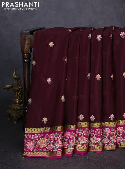 Pure mysore silk saree coffee brown and magenta pink with floral embroidery buttas and zari woven embroidery border