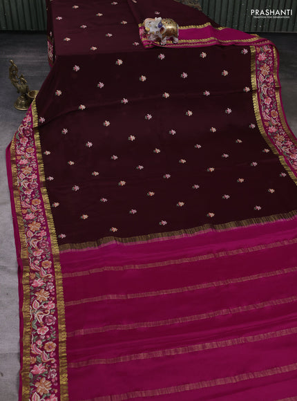 Pure mysore silk saree coffee brown and magenta pink with floral embroidery buttas and zari woven embroidery border