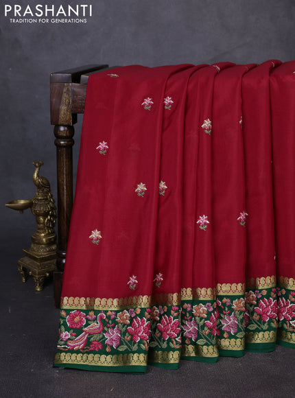 Pure mysore silk saree red and bottle green with floral embroidery buttas and zari woven embroidery border