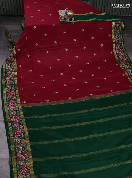 Pure mysore silk saree red and bottle green with floral embroidery buttas and zari woven embroidery border