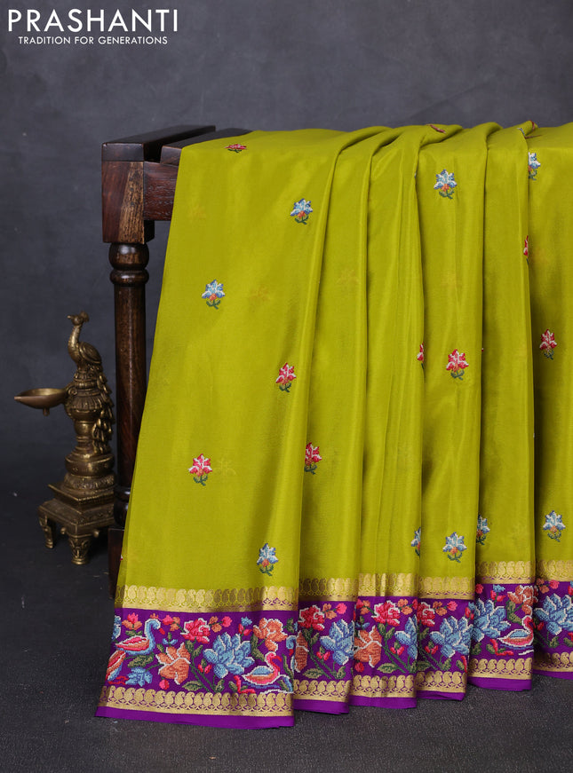 Pure mysore silk saree light green and purple with floral embroidery buttas and zari woven embroidery border