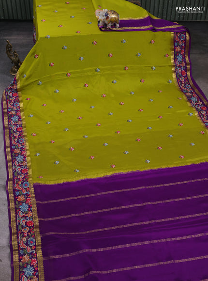 Pure mysore silk saree light green and purple with floral embroidery buttas and zari woven embroidery border