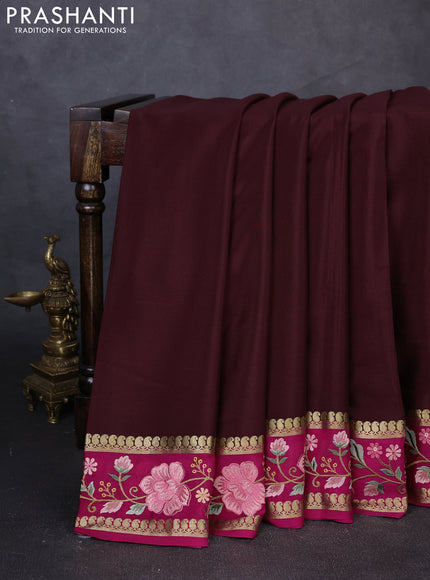 Pure mysore silk saree coffee brown and pink with plain body and zari woven embroidery border