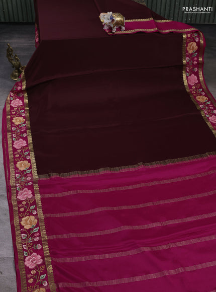 Pure mysore silk saree coffee brown and pink with plain body and zari woven embroidery border