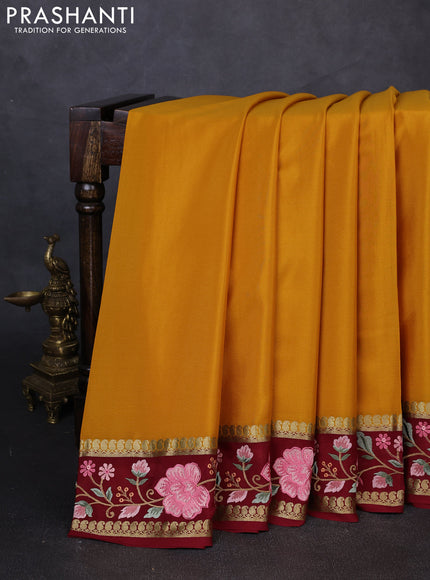 Pure mysore silk saree mustard yellow and maroon green with plain body and zari woven embroidery border