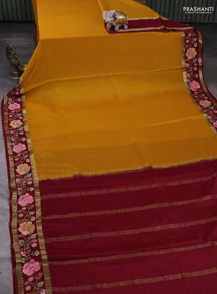 Pure mysore silk saree mustard yellow and maroon green with plain body and zari woven embroidery border