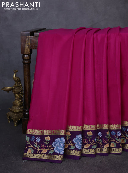 Pure mysore silk saree rani pink and purple with plain body and zari woven embroidery border