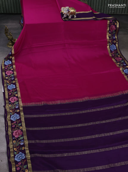 Pure mysore silk saree rani pink and purple with plain body and zari woven embroidery border