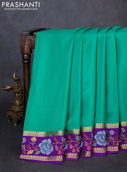 Pure mysore silk saree teal green and purple with plain body and zari woven embroidery border