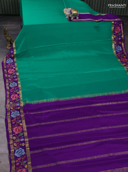 Pure mysore silk saree teal green and purple with plain body and zari woven embroidery border