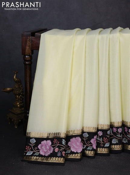 Pure mysore silk saree cream and black with plain body and zari woven embroidery border