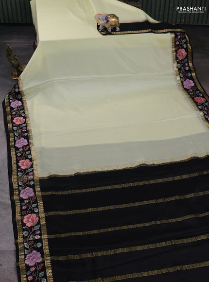 Pure mysore silk saree cream and black with plain body and zari woven embroidery border