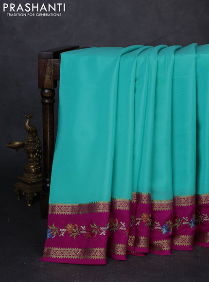 Pure mysore silk saree teal blue and pink with plain body and zari woven embroidery border