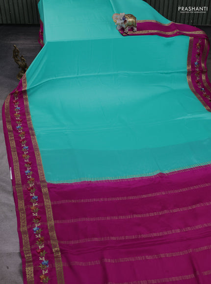 Pure mysore silk saree teal blue and pink with plain body and zari woven embroidery border