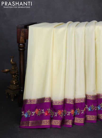 Pure mysore silk saree cream and purple with plain body and zari woven embroidery border