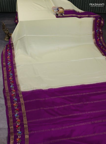 Pure mysore silk saree cream and purple with plain body and zari woven embroidery border